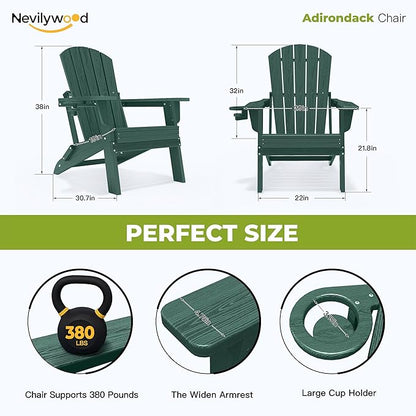nevilywood Folding Adirondack Chair - Extended Ergonomic Backrest, Cup Holder - Easy Assembly - Durable HDPE Plastic, Weather Resistant & Maintenance-Free - Lawn, Patio, Deck Supports 380lbs Green