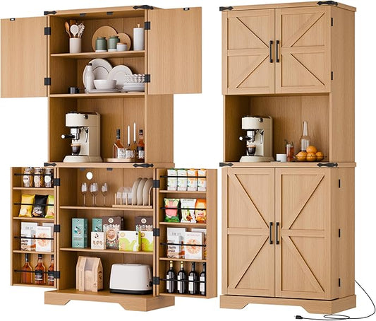 Cozy Castle 74" Farmhouse Pantry Cabinet with Charging Station, Tall Kitchen Storage Hutch Cabinet Coffee Bar Workstation, Sideboard Buffet Cupboard for Dining Room Living Room Furniture, Oak