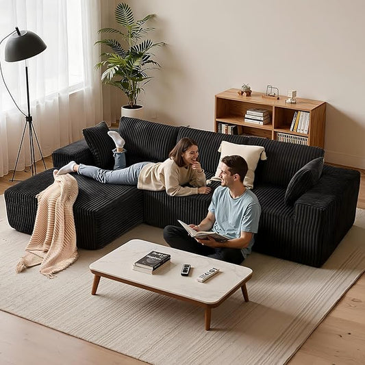 Apicizon 113" Modular Sectional Couch for Living Room, L Shaped Sectional Sofa Couch with Deep Seat, Boneless Sleeper Sofa with Chaise Longue for Apartment，No Assembly Required (Plush Corduroy Black)