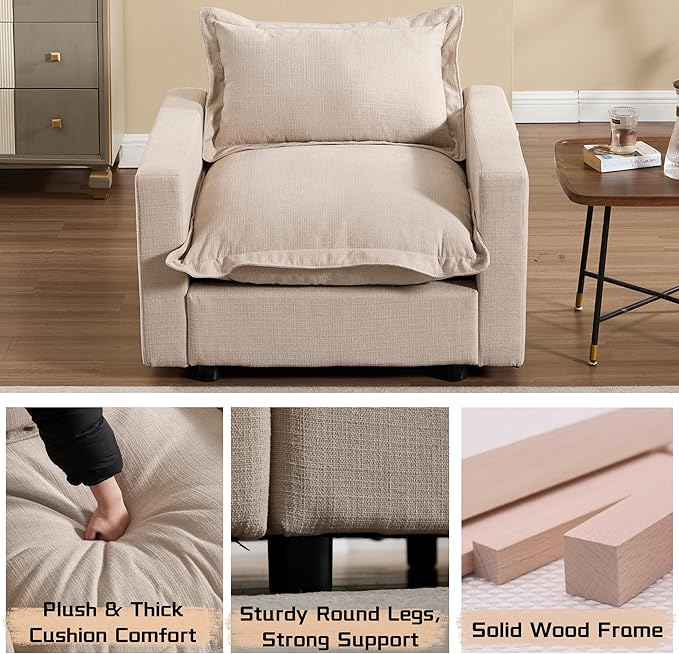 chairus 126" Modular Sectional Sofa with Moveable Ottoman Upholstered Deep Seat Linen Couch Set with Soft Pillows L-Shape Sofa Couch for Living Room, Apartment, Reception Room, 4-Seater/Oatmeal