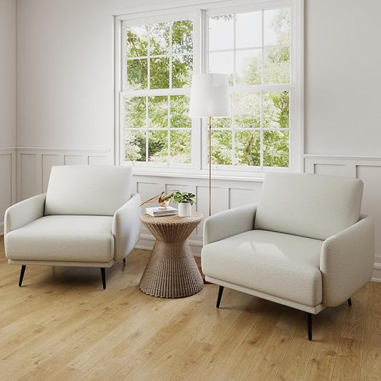 Oversized Accent Chair for Living Room Chairs Reading Arm Chair Comfy Modern Single Sofa Side Chairs with Metal Legs & Soft Cushion for Bedroom, Waiting Room (Chenille Beige Grey, Set of 2)