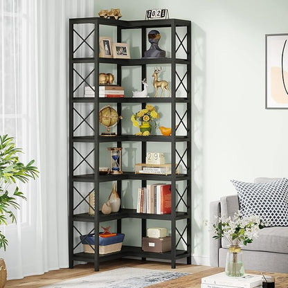 Tribesigns 7-Shelf Corner Bookshelf,Large Modern Corner Bookcase, 7-Tier Tall Corner Shelf Storage Display Rack with Metal Frame for Living Room Home Office (Black)