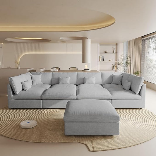 Oversized Modular Sectional Sofa with Chaise,192inch Cloud Couch Deep Seat Sofa Cushion Covers Removable, Down Filled Linen 9 Seater Sectional Couches for Living Room, Gray