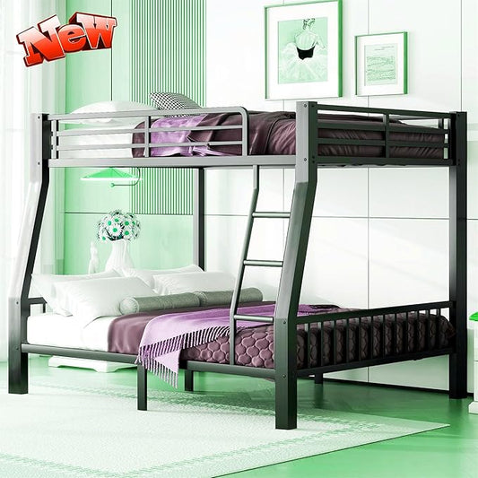 Stronger & Higher Quality Heavy Duty Steel Bunk Bed Full XL Over Queen Size Bunkbed, Thickened Safer More Stable Metal Queen Bunk Bed Frame (Faster Assembly) (Full XL Over Queen)
