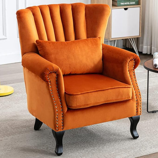 Accent Reading Arm Chairs Midcentury Modern Comfy Corner Sofa Chair, Wingback Waiting Room Club Chair with Tufted Back for Living Room/Bedroom/Reception Room, Velvet Orange