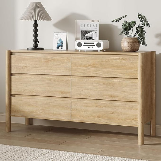 Dresser for Bedroom with 6 Drawers,47" Wide Oak Dresser with 4 Solid Wood Legs, Wooden TV Stand,Closet Clothes Organizer for Bedroom, Hallway