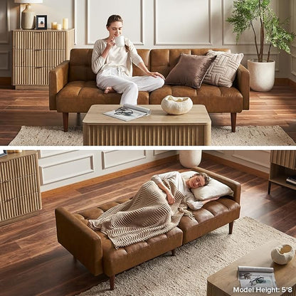 mopio 76.4" Futon Sofa Bed, Couch, Loveseat, Sleeper Sofa, Mid Century Modern Futon Couch, Sofa Cama, Couches for Living Room (Aaron PU, Pecan Brown)