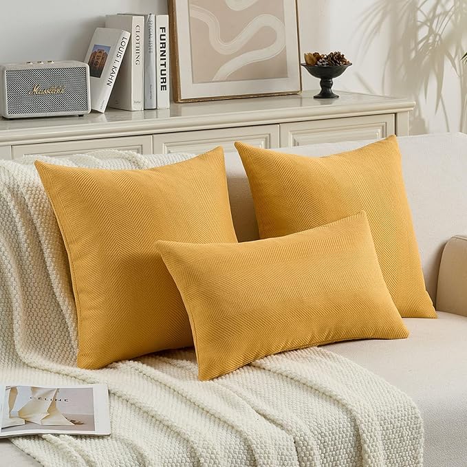 FUTEI Mustard Yellow Chenille Throw Pillow Covers 20x20 Inch Set of 2,Soft Wide Chevron Textured Cushion Case,Farmhouse Home Decor for Couch Bed Living Room