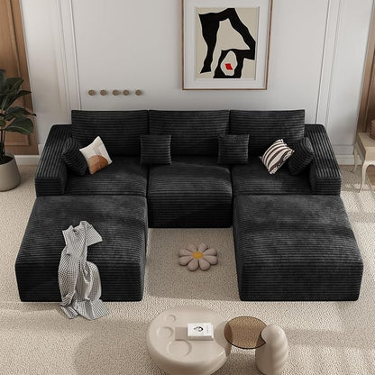 113" Modular Sectional Sofa, Convertible U-Shaped Cloud Couches for Living Room with Ottoman, 5 Seater Corduroy Boneless Couch Sofa Set, No Assembly Required, Black 1 PCS