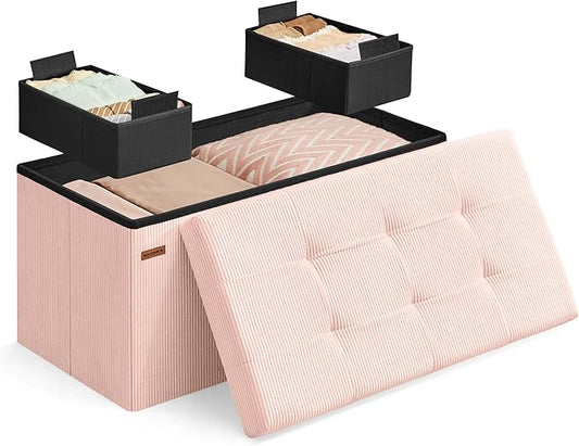 SONGMICS Mazie Collection - Storage Ottoman Bench, Foldable Foot Rest, 15 x 30 x 15 Inches, End of Bed Bench, Storage Chest, Load 660 lb, Living Room, Bedroom, Entryway, Jelly Pink ULSF603R01