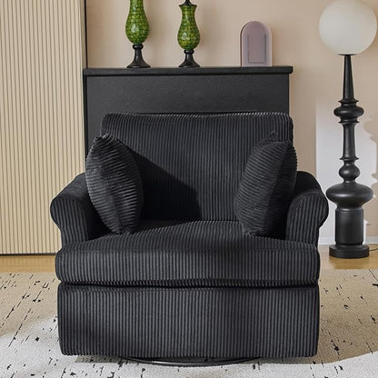Karl home 39" Swivel Accent Chair,Oversized Seat Armchair W/2 Pillows and 4 Pockets,Modern Upholstered Corduroy Barrel Chairs,Comfy Single Sofa for Living Room,Reading,Bedroom and Office -Black