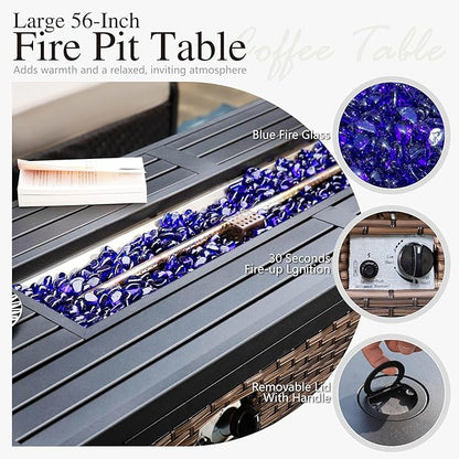 Sophia & William Patio Furniture Set with Fire Pit Table, 4 PCS Metal Outdoor Conversation Set with Fire Pit Table, 2 Sofa Chairs,3-Seater Couch for Outdoor Seating, Backyard, Porch(Blue)