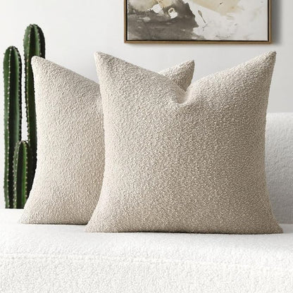 FUTEI Pack of 2 Beige Decorative Throw Pillow Covers 20x20 Inch Soft Cozy Solid Boucle Textured Cushion Case,Modern Home Decor for Couch Bed Living Room