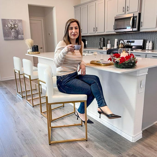 ALPHA HOME 24 Inch Bar Stools, Kitchen Counter Stools with Backs, PU Leather Barstools, White Bar Stools with Upholstered Footrest, Sturdy Chromed Metal Steel Frame, Off-White