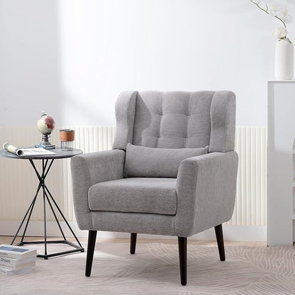 Accent Chair, Comfy Upholstered Living Room Chairs with High Tufted Backrest and Pillow, Wingback Reading Chair with Solid Wood Legs for Bedroom/Office, Chenille Fabric, Grey