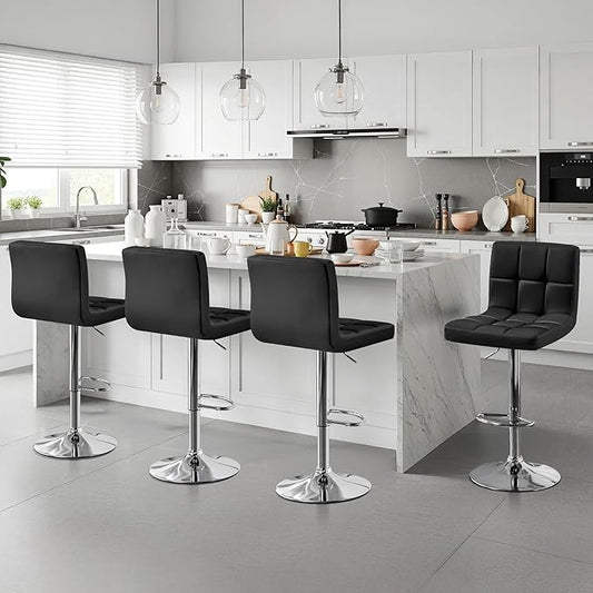 Yaheetech Bar Stools Set of 4, PU Leather Swivel Barstools, Height Adjustable Counter Chairs, Modern Stools with Back for Bar Kitchen Island Dining Room, Black