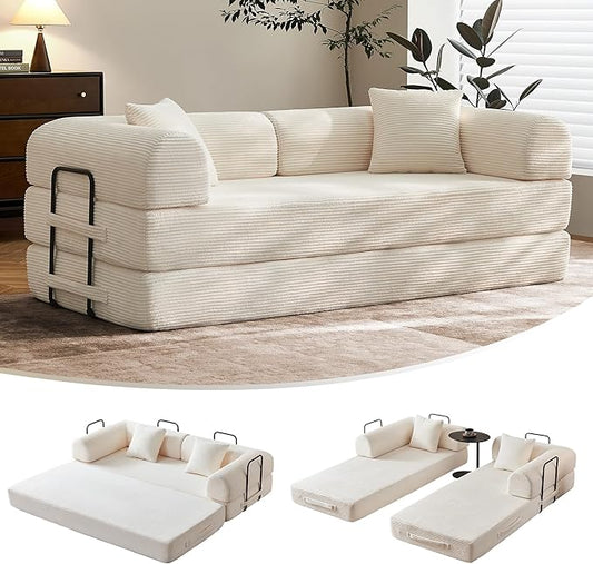 79" Convertible Sofa Bed with Fixed-Shape Frame & Removable Armrests, Modular Corduroy Sleeper Sofa, Folding Mattress Couch for Small Spaces - No Assembly Needed in Beige White (Includes 2 Pillows)