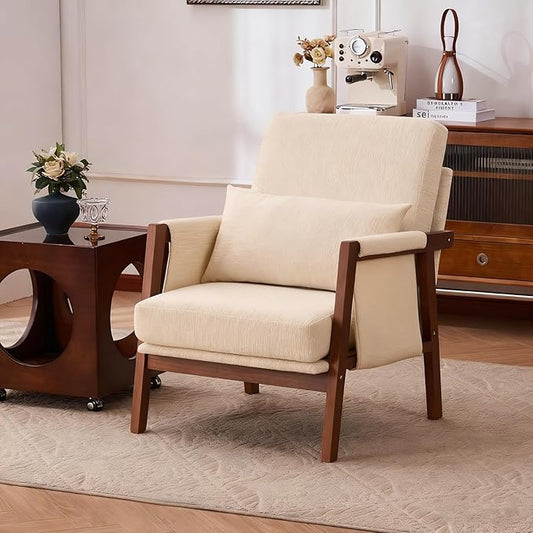 Accent Chair Mid-Century Modern with Lumbar Support Pillow, Upholstered Living Room Chairs with Wooden, Chenille Armchair with Cushion, Anthropologie Side Chair for Bedroom, Beige