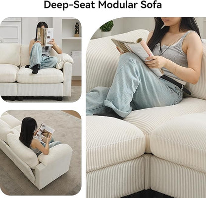118'' U-Shaped Sectional Couch with 2 Ottoman, Oversized Modular Couches for Living Room, Corduroy Deep Seat Cloud Sofa with Center Stitched, Beige