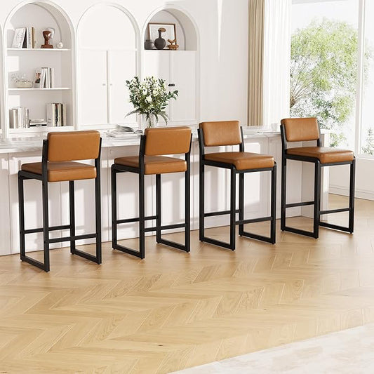 Counter Stools Set of 4, Faux Leather Bar Height Stools with High Back and Metal Legs, Upholstered Bar Chairs, 26" Modern Barstools for Kitchen Island, Caramel