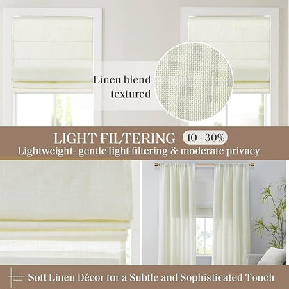 Madison Park Kyler Cordless Roman Shades - Single Panel, Lightweight Linen Blend Fabric, Natural Design, Easy Installation, Light Filtering Window Blind, Bedroom, Living Room Decor 29"W x 64"H Ivory