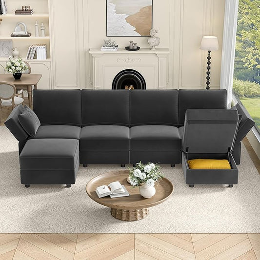 Vesgantti Sectional Couches with Storage Seats, 118" L Shaped Convertible Modular Sectional Sofa, 4 Seat & 2 Ottomans Velvet Storage Chaises Deep Seat Couch for Living Room, Bedroom, Apartment, Gray