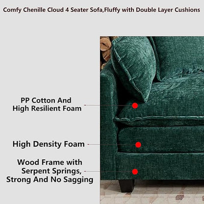 Aoowow Modular Sectional 4 Seater Cloud Sofa Couch for Living Room,149.6" Cloud Sofas with Deep Seat,Modern Chenille 4 Seat Sofas,Fluffy Cloud Couches for Bedroom,Office,Hotel (Green, 4 Seater)