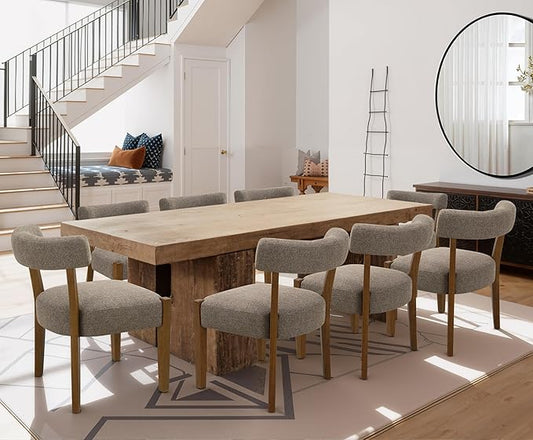 Modern Dining Chairs Set of 8, Walnut Upholstered Kitchen & Dining Room Chairs, Mid Century Wooden Dining Chairs Oversized Sturdy Fabric Rounded Chairs Curved Back, Tan Brown