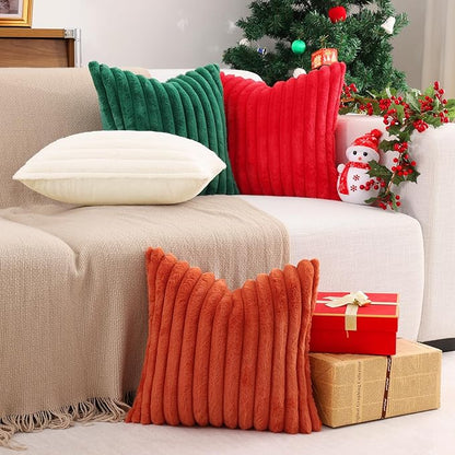 Pallene Faux Fur Plush Lumbar Christmas Throw Pillow Covers 12x20 Set of 2, Luxury Soft Fluffy Striped Decorative Pillow Covers for Sofa, Couch, Living Room, Red