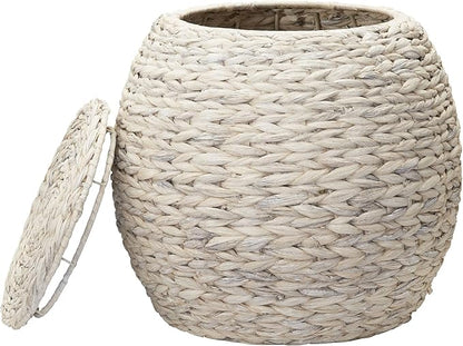 Household Essentials Handwoven Water Hyacinth Barrel Wicker Storage Basket Side Table, Cream Finish