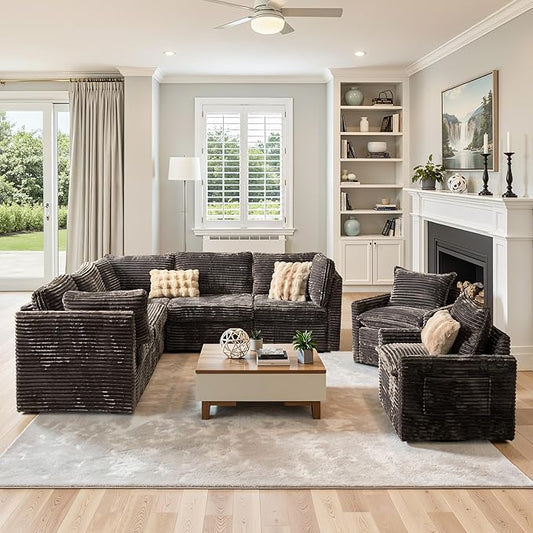 98" Modular Sofa with Swivel Chairs, Modern L Shape Cloud Sectional Couch Plush Corduroy 5 Seater Deep Seat Sofas Set & Accent Armchair Set of 2 for Living Room, Gray