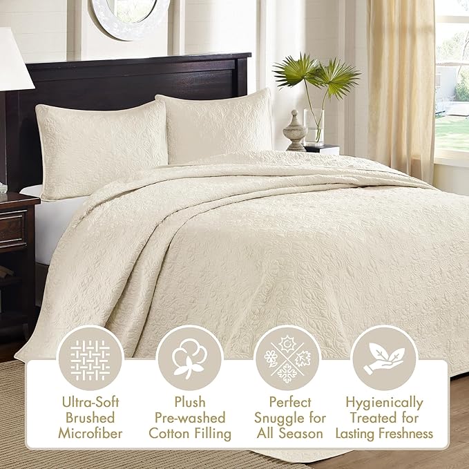 Madison Park Quebec Full Size Quilt Bedding Set - Ivory , Damask – 3 Piece Bedding Quilt Coverlets – Ultra Soft Microfiber Bed Quilts Quilted Coverlet