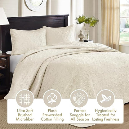 Madison Park Quebec Full Size Quilt Bedding Set - Ivory , Damask – 3 Piece Bedding Quilt Coverlets – Ultra Soft Microfiber Bed Quilts Quilted Coverlet