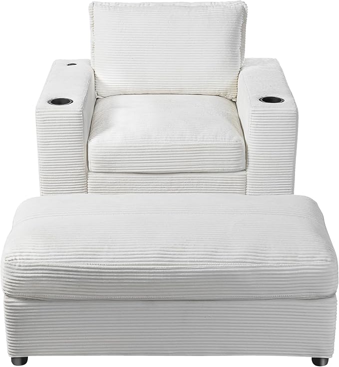 Christopher Knight Home Zoe Oversized Chaise Lounge Chair Indoor with Cup Holders & USB Charging Port, Corduroy Upholstered Sofa Bed + Ottoman with Storage, Comfy Deep Seat Sleeper Sofa Chair, Beige