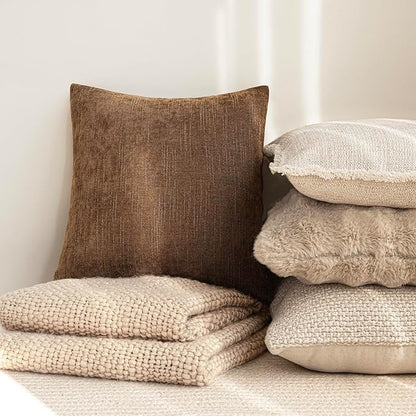 Foindtower Set of 2 Soft Textured Chenille Throw Decorative Pillow Covers Square Accent Solid Cushion Cover Cozy Neutral Farmhouse Pillow Case for Couch Sofa Bedroom Living Room 26x26 Inch,Dark Bronze