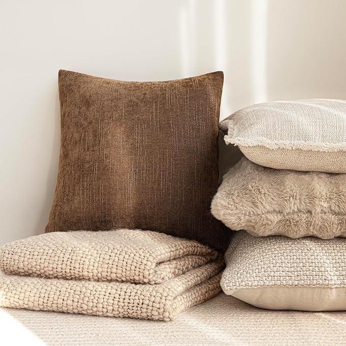 Foindtower Set of 2 Soft Textured Chenille Throw Decorative Pillow Covers Square Accent Solid Cushion Cover Cozy Neutral Farmhouse Pillow Case for Couch Sofa Bedroom Living Room 18x18 Inch,Dark Bronze