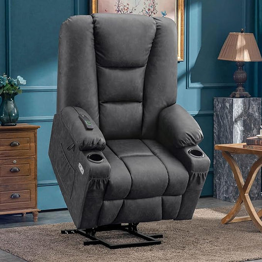 MCombo Large Power Lift Recliner Chair Sofa with Massage and Heat for Big and Tall Elderly People, 3 Positions, Cup Holders, and USB Ports, Faux Leather 7539 (Large, Dark Grey)