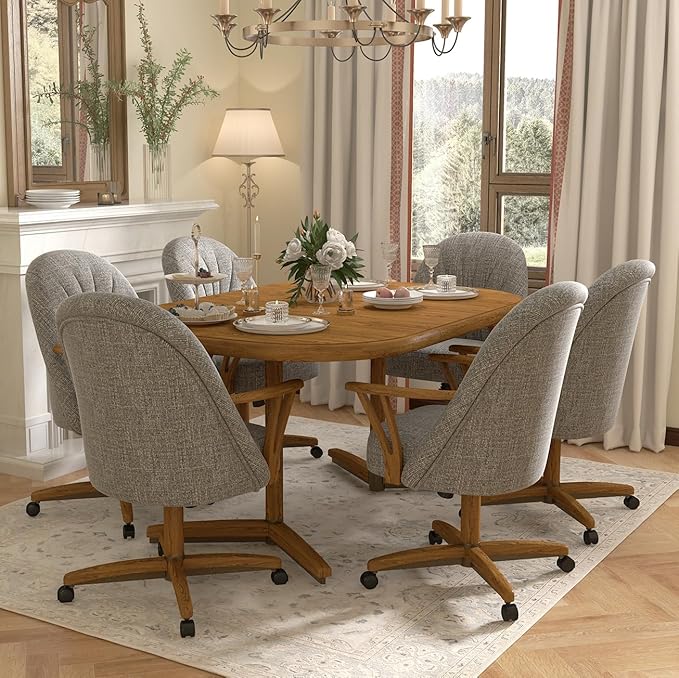 Chromcraft Set of 6 Swivel Tilt Chairs, Luxe Wooden Arm All-Metal Pedestal Base Chairs with Wheels for Kitchen