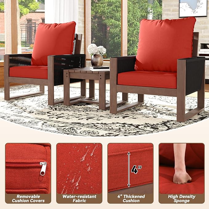 Patio Chairs 3 Piece Wood Patio Furniture with Coffee Table & Cushions, PE Wicker Outdoor Conversation Set Balcony Chairs for Garden, Porch, Deck, Backyard