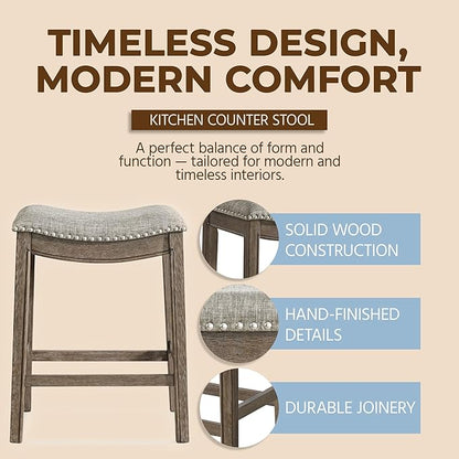 ROME + OAK Set of 2 Parker 26 Inch Counter Stool, Backless Saddle Kitchen Barstool in Walnut Finish with Grey Fabric Upholstery Cushion Seat