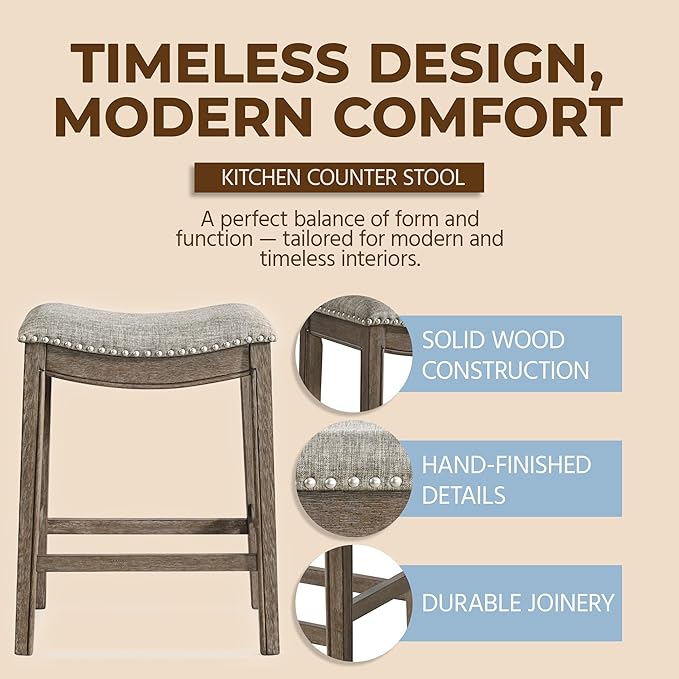 ROME + OAK Set of 4 Parker 26 Inch Counter Stool, Backless Saddle Kitchen Barstool in Walnut Finish with Grey Fabric Upholstery Cushion Seat