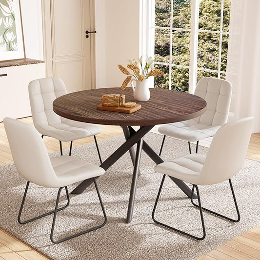 45.3 Inch Round Dining Table Set for 4, Mid Century Modern Small Coffee Set for Dining Room Kitchen Apartment (Dark Walnut Table + 4 U-Shaped White Chairs)