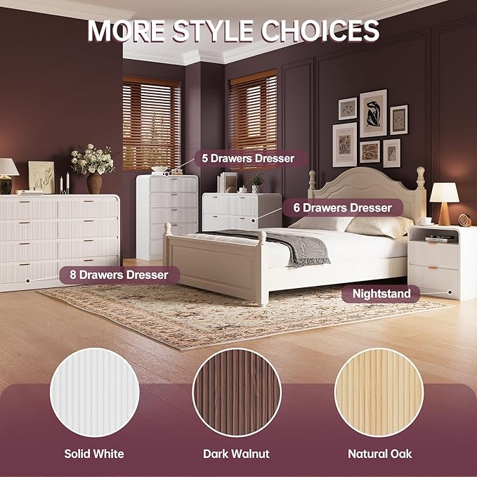 FURSUN Fluted 8 Drawers Dresser for Bedroom, 55" Wide Wooden Dresser with Metal Handle, Curved Profile Design, Modern Storage Organizer for Bedroom, Hallway (White)