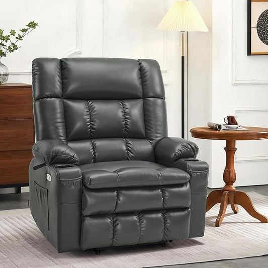 MCombo Dual Motor Power Lift Recliner Chair for Elderly, Lay Flat Lift Chair with Heat and Massage, Oversized Lift Recliner for Big and Tall, Faux Leather R7891 (Grey, Oversized)