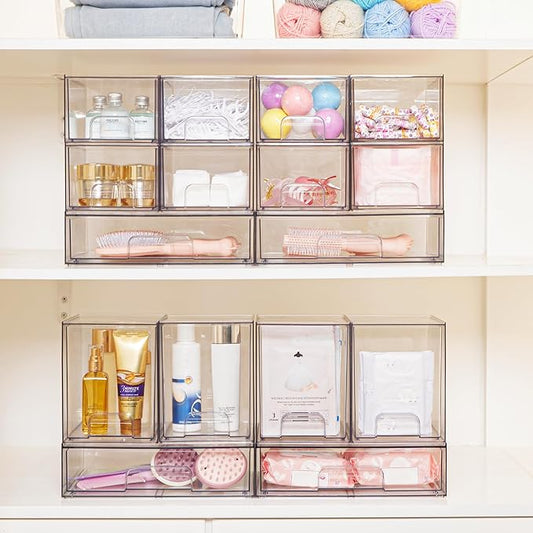 Vtopmart 7.6" H Clear Stackable Storage Drawers, 4 Pack Plastic Organizers Bins for Skincare, Cosmetics,Beauty Supplies,Ideal for Vanity, Bathroom,Kitchen Countertop,Cabinet Organization
