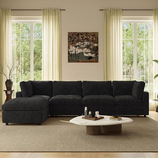 WJShome L Shaped Sectional Couch 134 Inch 4-Seater Modern Modular Sofa with Ottoman,Chenille Deep Seat Couches for Living Room, Bedroom and Apartment，Black