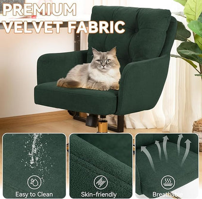 Plush Fabric Office Chair, Comfy Home Office Desk Chairs with Lumbar Support, Modern Plush Fabric Desk Chair Gold Legs Swivel Task Chair for Home Office, Bedroom, Study, Green Upgraded Version