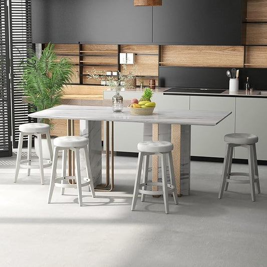 COSTWAY 360° Swivel Bar Stools Set of 4, 26-inch Height Vintage Upholstered Rubberwood Backless Bar Chairs with Footrest, Retro Kitchen Counter Stools for Kitchen Island Dining Room Home Bar, White