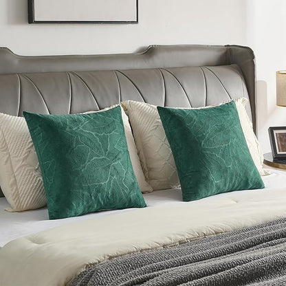 FUTEI Christmas Dark Green Velvet Throw Pillow Covers 24x24 Inch Set of 2,Soft Embossed Leaf-Relief Textured European Cushion Cases,Natural Home Decor for Couch Living Room