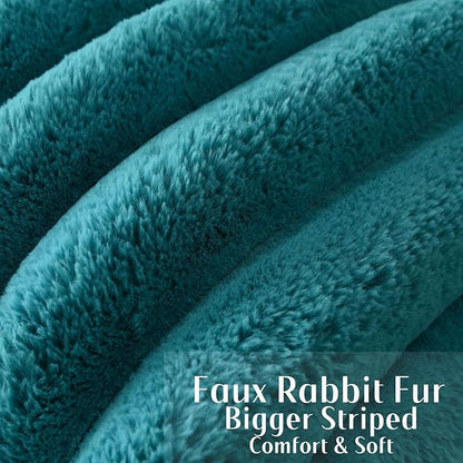 FUTEI Teal Decorative Throw Pillow Covers 22x22 Inch Set of 2, Square Soft Faux Rabbit Fur Thick Striped Cushion Cover,Winter Home Decor for Couch Bed Living Room